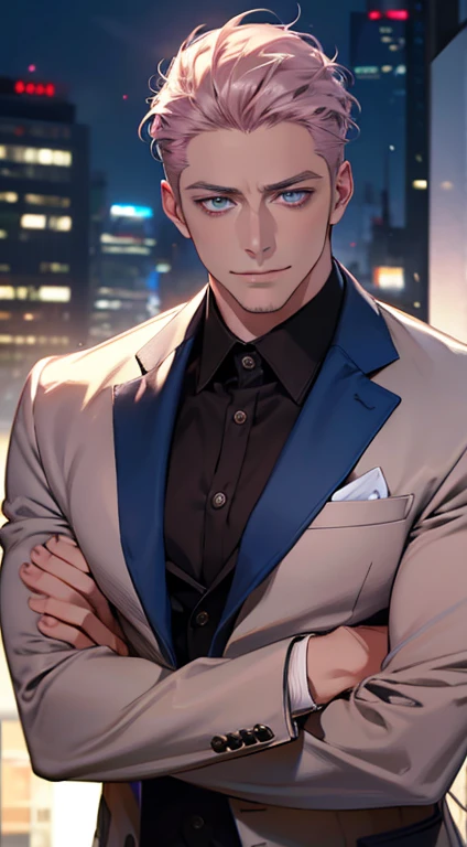 (best quality,4k,8k,highres,masterpiece:1.2),ultra-detailed,(realistic,photorealistic,photo-realistic:1.37),1 man,31 years old,mature man,very handsome,without expression,smile,short grey pink hair,blue eyes,penetrating gaze,perfect face without errors,imposing posture,businessman,office background,cinematic lighting,hdr image