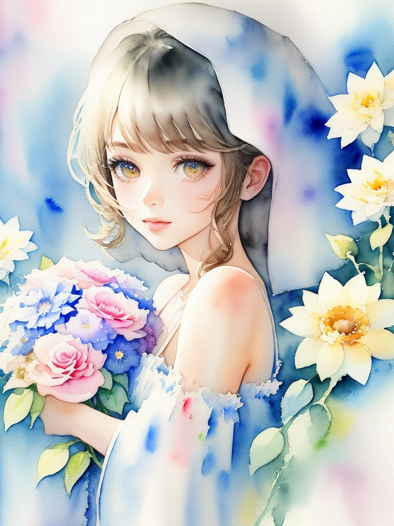 (masterpiece), (best quality: 1.1), (ultra-detailed), best illustration, finely detailed, (watercolor drawings: 1.4), (hand-painted: 1.2), (watercolor brush hair), bouquet consisting of field flowers, The person is clear