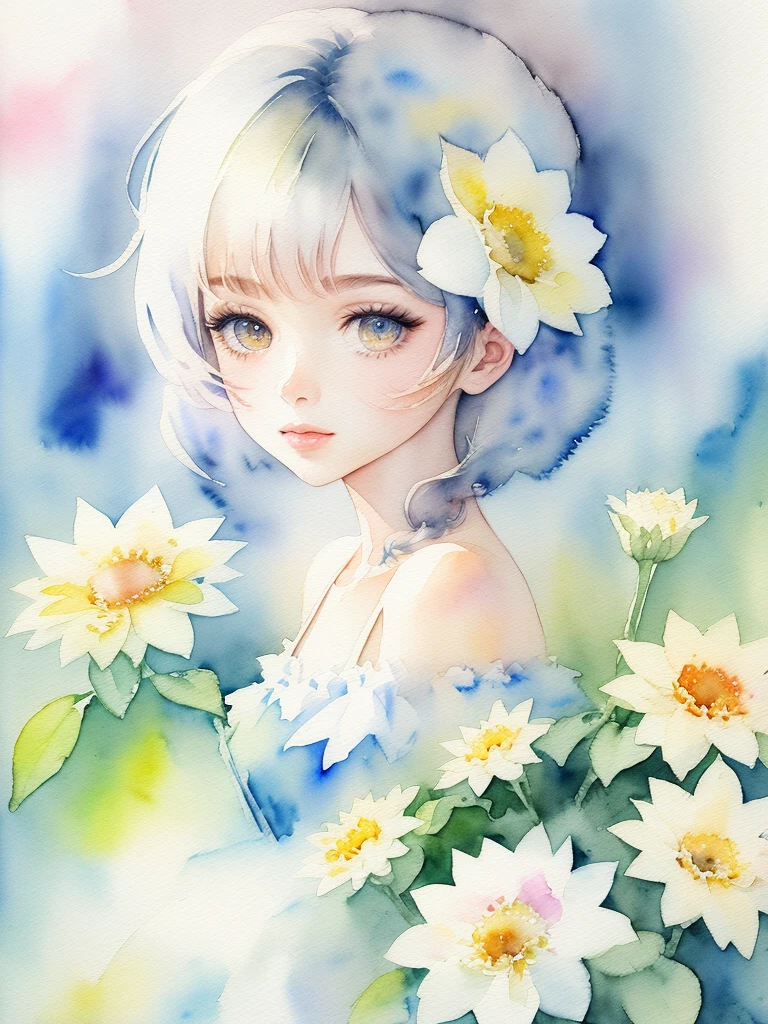 (masterpiece), (best quality: 1.1), (ultra-detailed), best illustration, finely detailed, (watercolor drawings: 1.4), (hand-painted: 1.2), (watercolor brush hair), bouquet consisting of field flowers, The person is clear