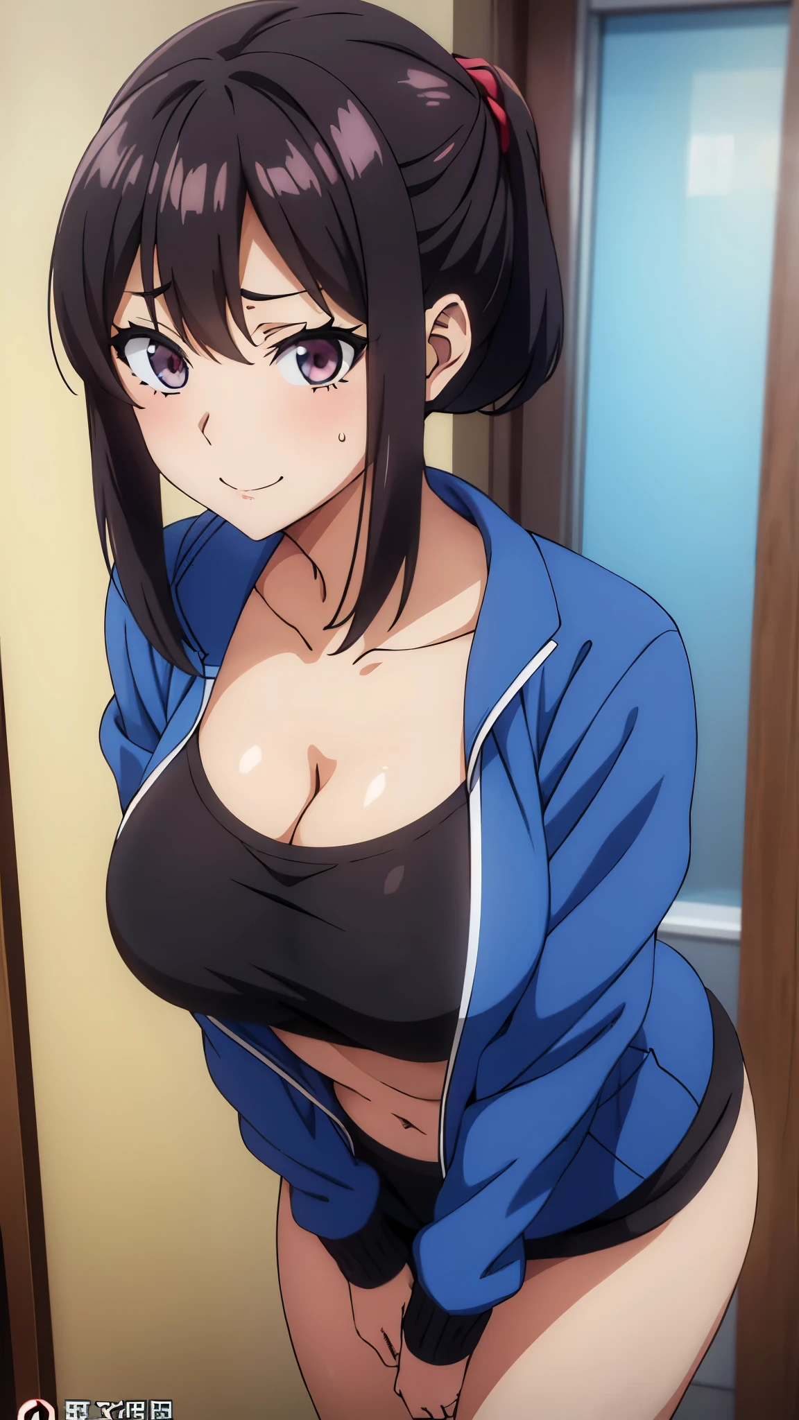 (((masterpiece))),fuyumi itadori, Anime girl characters, 1girl, solo, looking at viewer, medium hair long sleeves, cleavage, bigger breasts, closed mouth, collarbone, jacket, open clothes, open jacket, blue jacket, ground vehicle, sports bra, tall girl, horny, big ass, beautiful face,Charming,  anime visual of a cute girl, screenshot from the anime film, & her expression is solemn, ahegao face, in the anime film, in an anime, anime visual of a young woman, she has a cute expressive face, still from anime, perfect breasts, she is tall, All bodies visible, ahegao face, the face is ahegao, she is horny, A perverted face, she so perverted, she smile so perverted, hd picture, 4k quality, details of the face is so good,bigger breasts, 