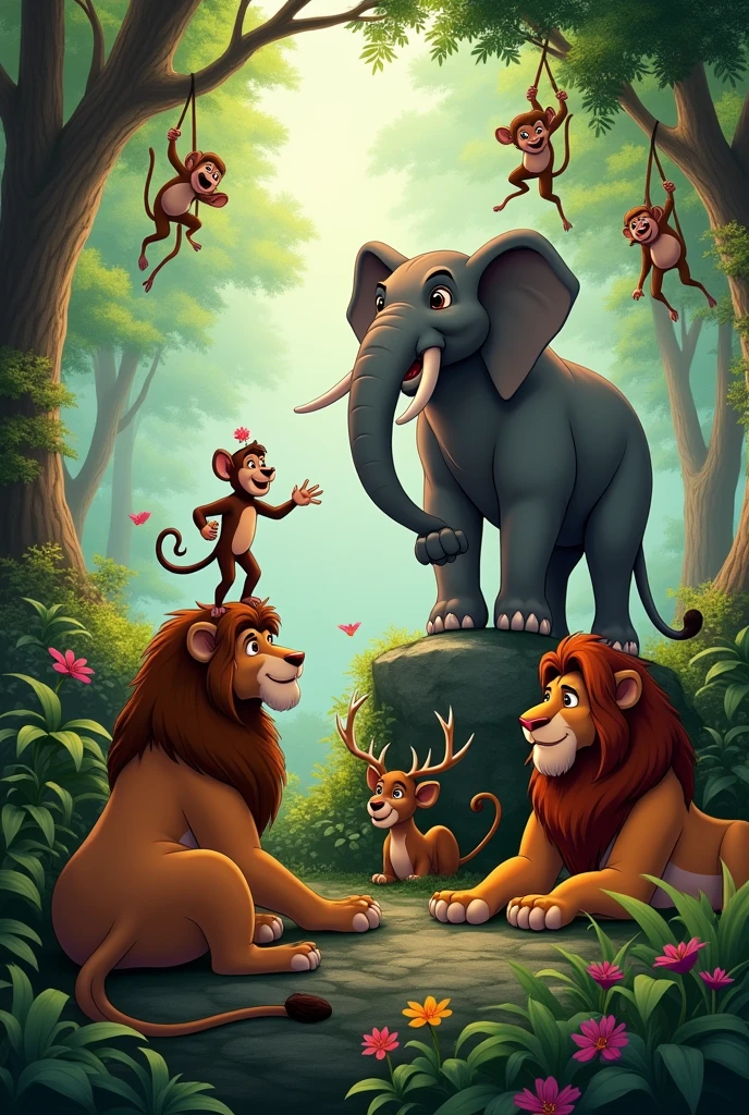 The Jungle Animals Gathered Around Chiku and Timba**: A gathering of various jungle animals like lions, elephants, deer, and monkeys, all looking towards Chiku and Timba. Chiku is sharing a plan or idea with Timba, who listens attentively. The animals are shown in different poses of interest and curiosity.