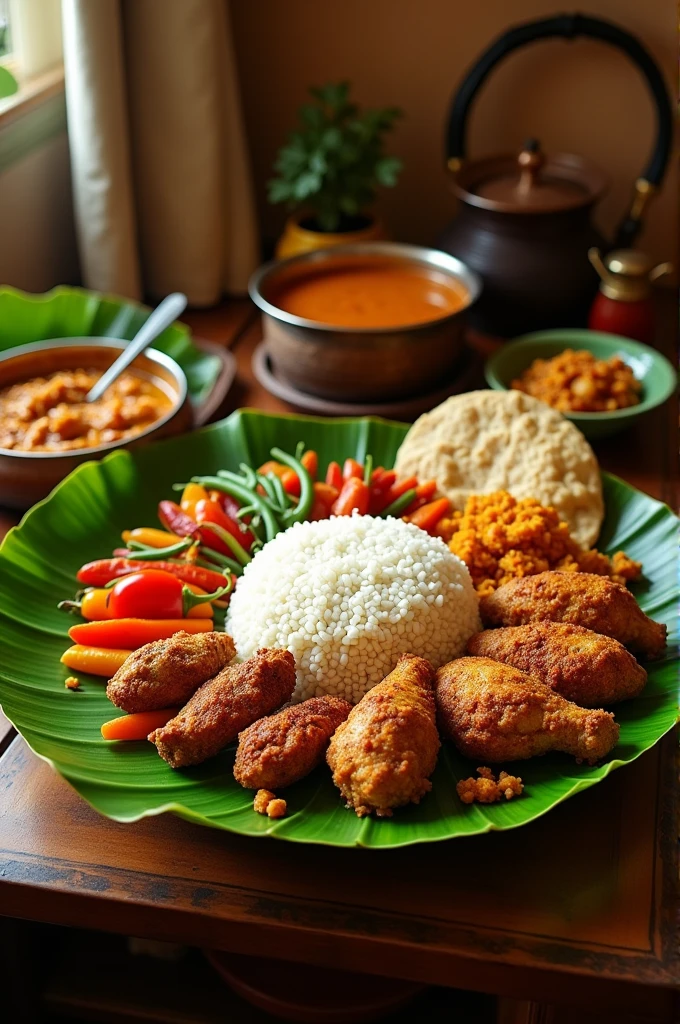 traditional indian banana leaf food with rice and separate fried chicken and fried fish with 3 different types of vegetables and papadom with curry