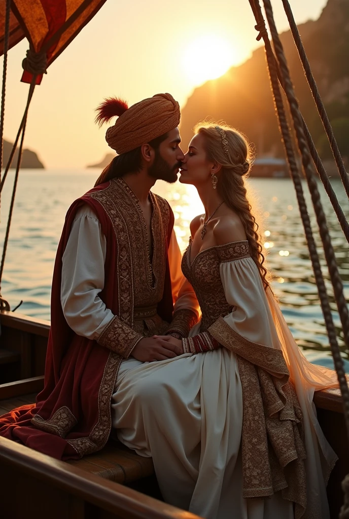 In a ship a 22 year old blonde Italian girl is wearing Italian ancient traditional white and brown dress and she is sitting on the lap of a 23 year old Indian boy and kissing him the Indian boy is wearing ancient Indian traditional clothes and the scene is of 17th century and the surrounding environment is beautiful.