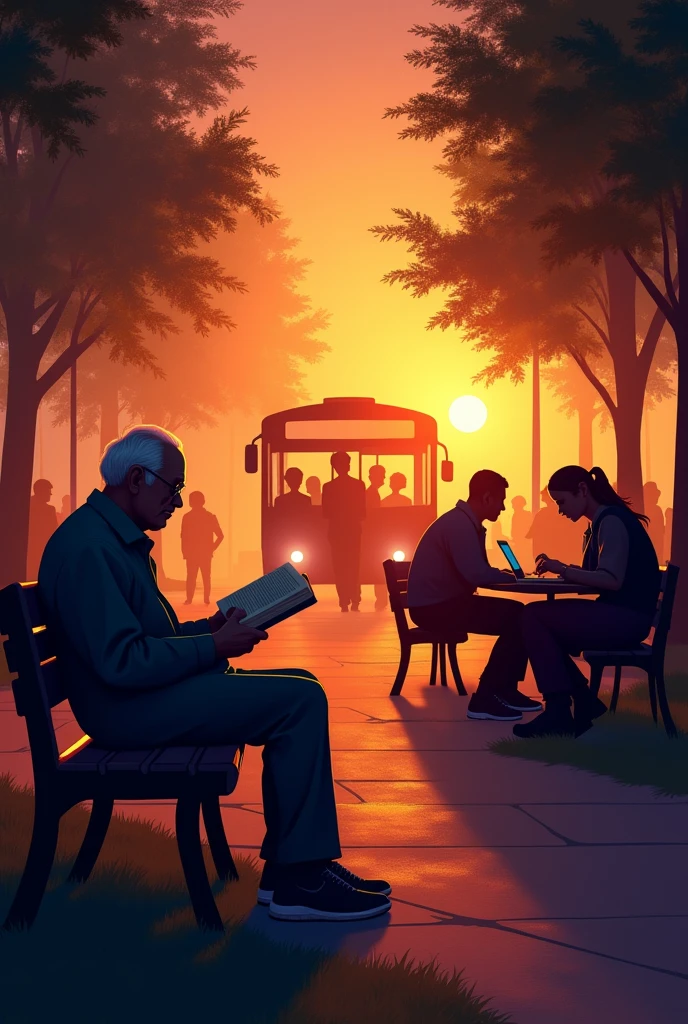 Silhouettes of people of all ages reading books. From grandfathers reading books in the park, agers with laptops and holding books in the library, and office workers going home reading through e-boon readers on the bus

