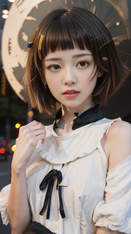 (Half Body Shot,Street lamp,moon),masterpiece, One girl, Solo Exhibitions, Beautiful woman with small breasts, nightのビーチ, Beautiful Goddess Girl Portrait, Beautiful and elaborate face, Porcelain-like skin, (((Bust Shot, center, night, Black Hair, short hair)), Very soft lighting, Full Shot,Symmetric, complicated, grace, Attention to detail, realism, art, concept art,White clothes