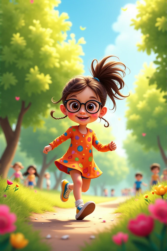 Create a 4D caricature of a girl walking in a park