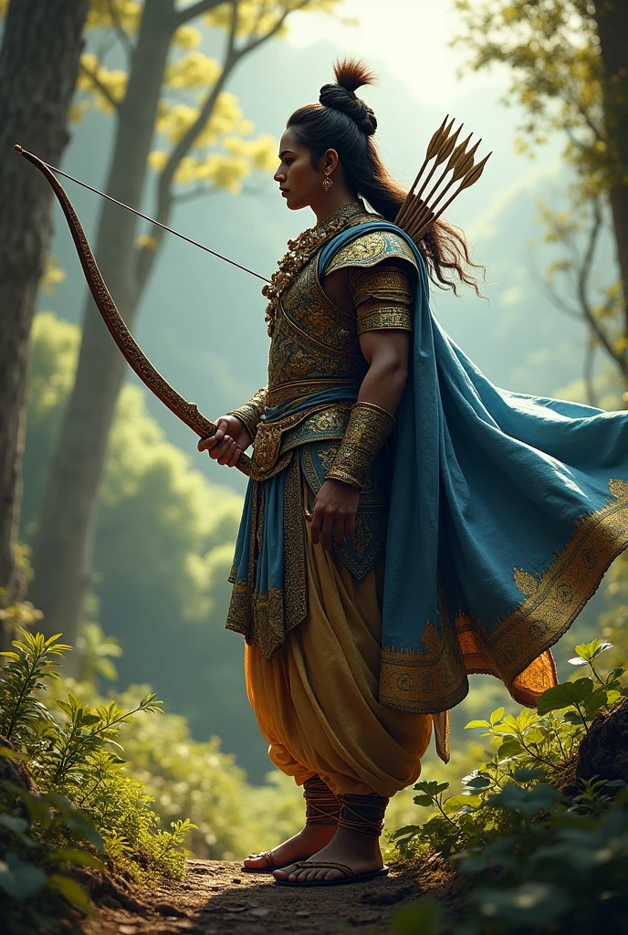 (Photorealism), of a warrior wearing indian attire from the era of mahabharat, holding bow and arrows, lord arjuna