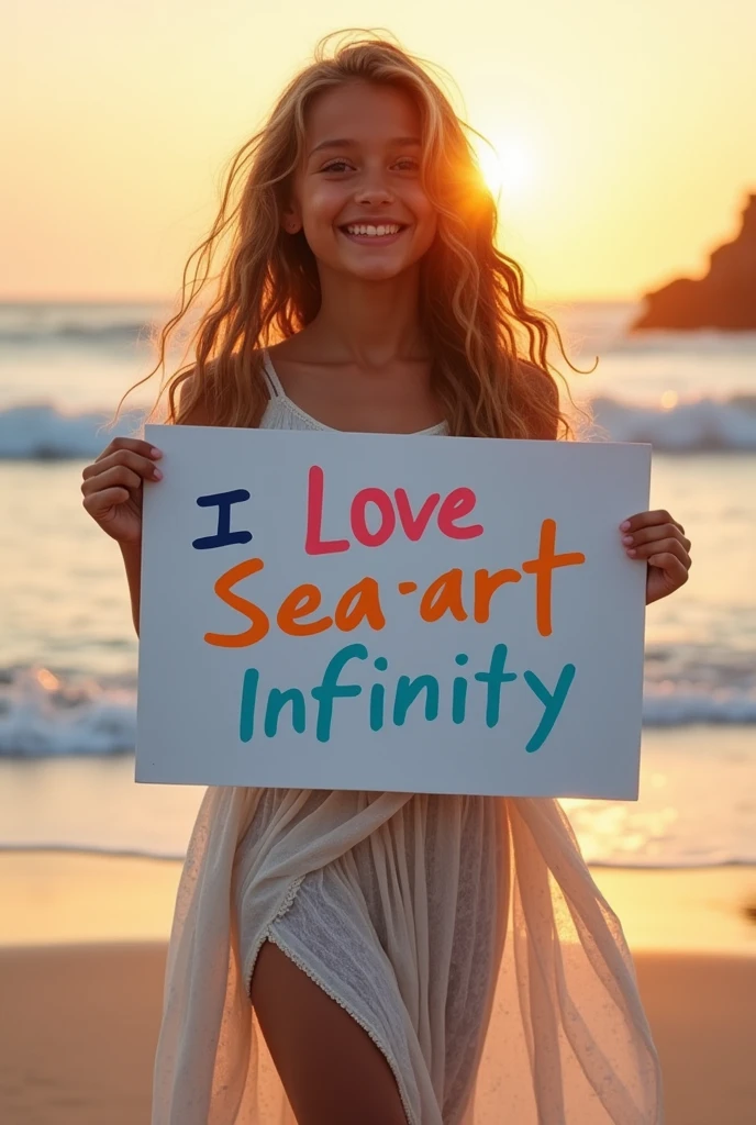 Beautiful girl with wavy long hair, bohemian dress, holding a white board with text "I Love Seaart Infinity" and showing it to the viewer