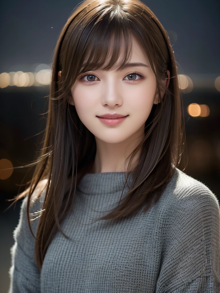One Girl,(Dark Gray Sweater:1.4),(Fur trim,:1.2), (RAW Photos, Highest quality), (Realistic, Photorealistic:1.4), Tabletop, Very delicate and beautiful, Very detailed, 8k wallpaper, wonderful, In detail, Highly detailed CG unification, High resolution, Soft Light, Beautiful and detailed 19 year old girl, Very detailed目と顔, Beautifully detailed nose, Beautiful attention to detail,Cinema Lighting,City lights at night,Perfect Anatomy,Slender body,smile (My hair is messy, Asymmetrical bangs, Light brown hair,)
