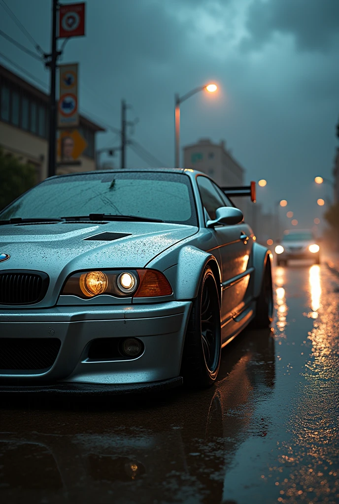 I saw a rusty BMW M3 E46 GTR, The glass is cracked, The car tire is flat and it's raining
