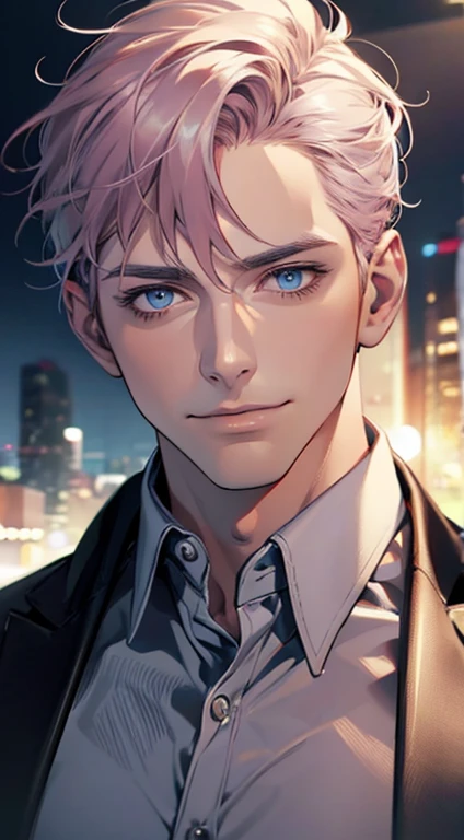 (best quality,4k,8k,highres,masterpiece:1.2),ultra-detailed,(realistic,photorealistic,photo-realistic:1.37),1 man,31 years old,mature man,very handsome,without expression,smile,short grey pink hair,blue eyes,penetrating gaze,perfect face without errors,imposing posture,businessman,office background,cinematic lighting,hdr image