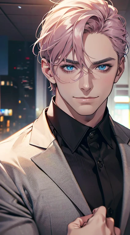 (best quality,4k,8k,highres,masterpiece:1.2),ultra-detailed,(realistic,photorealistic,photo-realistic:1.37),1 man,31 years old,mature man,very handsome,without expression,smile,short grey pink hair,blue eyes,penetrating gaze,perfect face without errors,imposing posture,businessman,office background,cinematic lighting,hdr image