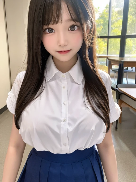 9 , elementardy1.4, best quality:1.6, 8K, (Extremely detailed eyes:1.6, Extremely detailed face:1.2), very cute face, big breast, white shirt, sleeveless, short skirt, school uniform, wet clothes, musume san, long hair, bangs, 1 girl, outdoor, open mouth, Smile slightly,