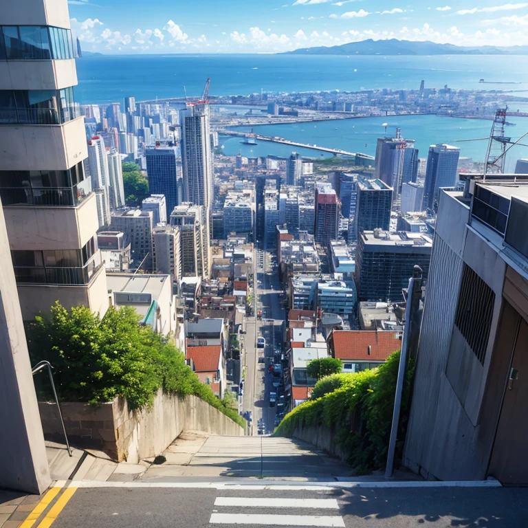 background only, scenery, city, heat haze, summer, (downhill:1.4), (sloped road), wide single road in Yokohama,
(cityscape in distance), (port city), (sea in distance:1.2), (gantry crane),
electric pole, electric cable,
white residences on right, (tree on left:0.5),
city area, (stylish, urban),
asphalt, white line on the road,
spring, superb view,
from front, from slightly above, (high quality, ultra detailed, masterpiece, super detail, highres, anatomically correct, UHD), japanese concrete, real world location