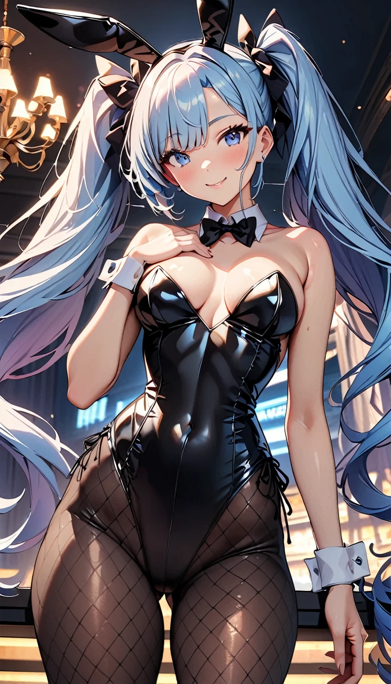 (Highest quality:1.2, Attention to detail, masterpiece:1.2, Best aesthetics), (1 person), Cowboy Shot, ((Playboy Bunny, Fishnet tights:1.2, Bunny ears, ハイレグ leotard, 白leotard:1.1, leotard)), (Light blue hair, Twin tails, Asymmetrical bangs, Bright Blue Eyes), 美しいAttention to detail目, Beautiful lip detail, Highly detailed face, Detailed Fashion, elegant, luxury, High quality fabric, Shine, Shine, smile, Random Pause, Dutch Angle, bar, casino, night, Dramatic lighting, Cinematic, Bright colors, Intricate details, Chiaroscuro lighting.