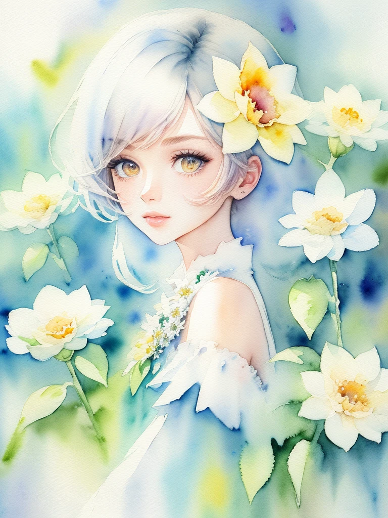 (masterpiece), (best quality: 1.1), (ultra-detailed), best illustration, finely detailed, (watercolor drawings: 1.4), (hand-painted: 1.2), (watercolor brush hair), bouquet consisting of field flowers, The person is clear Background is white