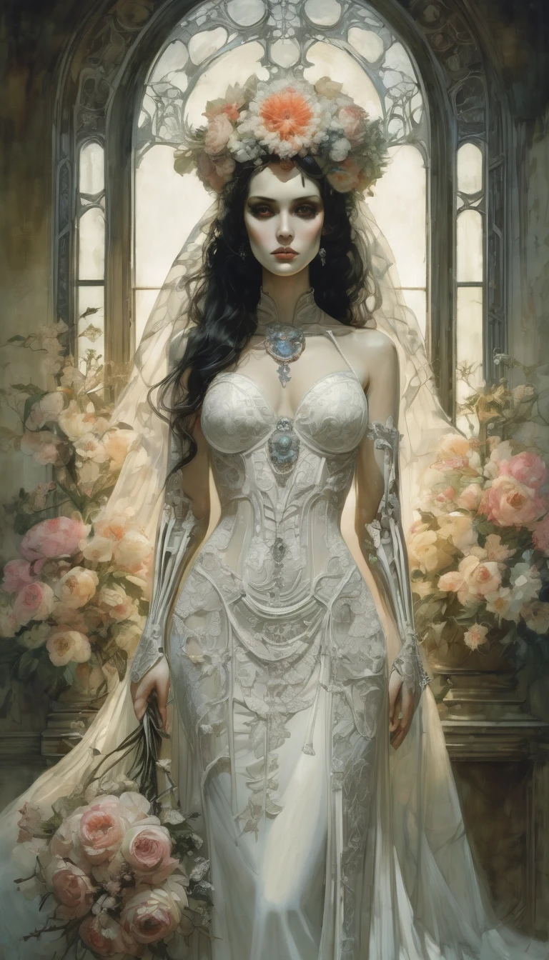 Very beautiful bride with fine face and skeleton body, full body portrait in wedding dress with flowers,Gerald Brom, Arthur Rackham, H.R. Giger, Peter Mohrbacher, Yoji Shinkawa, alphonse mucha