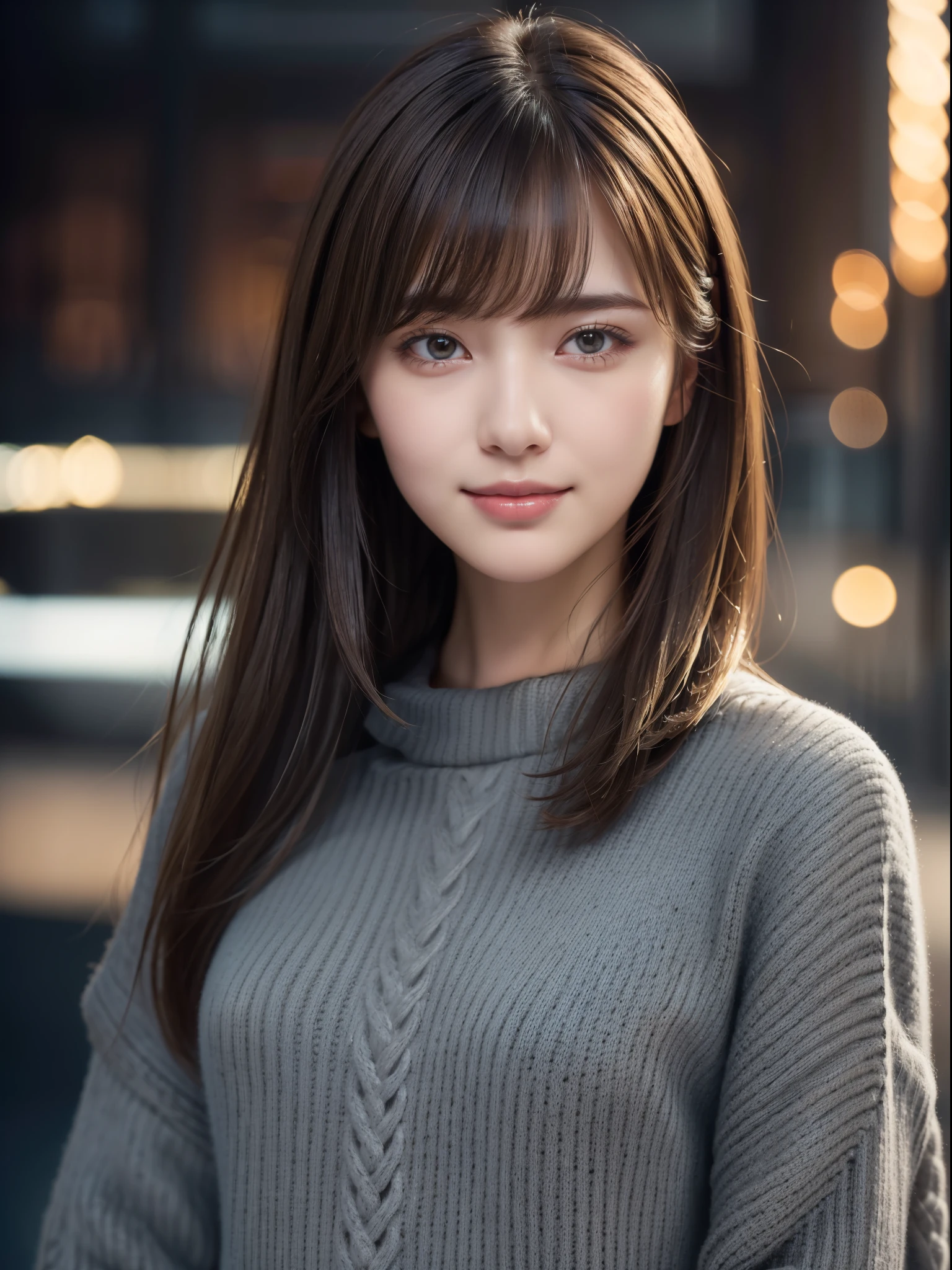One Girl,(Dark Gray Sweater:1.4),(Fur trim,:1.2), (RAW Photos, Highest quality), (Realistic, Photorealistic:1.4), Tabletop, Very delicate and beautiful, Very detailed, 8k wallpaper, wonderful, In detail, Highly detailed CG unification, High resolution, Soft Light, Beautiful and detailed 19 year old girl, Very detailed目と顔, Beautifully detailed nose, Beautiful attention to detail,Cinema Lighting,City lights at night,Perfect ???????,Slender body,smile (My hair is messy, Asymmetrical bangs, Light brown hair,)