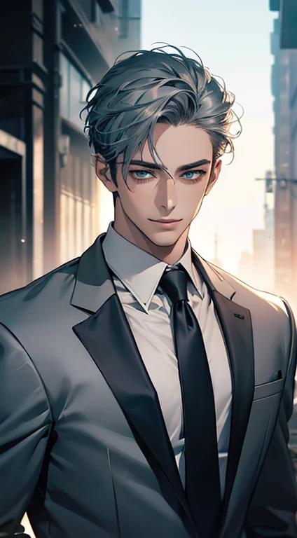 (Highest quality,4K,8K,High resolution,masterpiece:1.2),Super detailed,(Realistic,photoRealistic,photo-Realistic:1.37),1 person,31 years old,Mature Men,Beautiful skin、very handsome,Expressionless smile in love,Short gray blue hair,green eyes,Sharp Eyes,A perfect face without a doubt,Businessman,Office Background,Cinema Lighting,HDR image,tie、