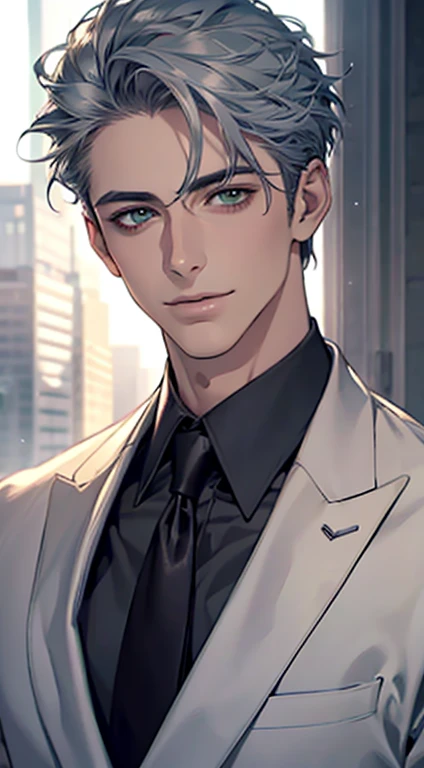 (Highest quality,4K,8K,High resolution,masterpiece:1.2),Super detailed,(Realistic,photoRealistic,photo-Realistic:1.37),1 person,31 years old, Men,Beautiful skin、very handsome,Expressionless smile in love,Short gray blue hair,green eyes,Sharp Eyes,A perfect face without a doubt,Businessman,Office Background,Cinema Lighting,HDR image,tie、