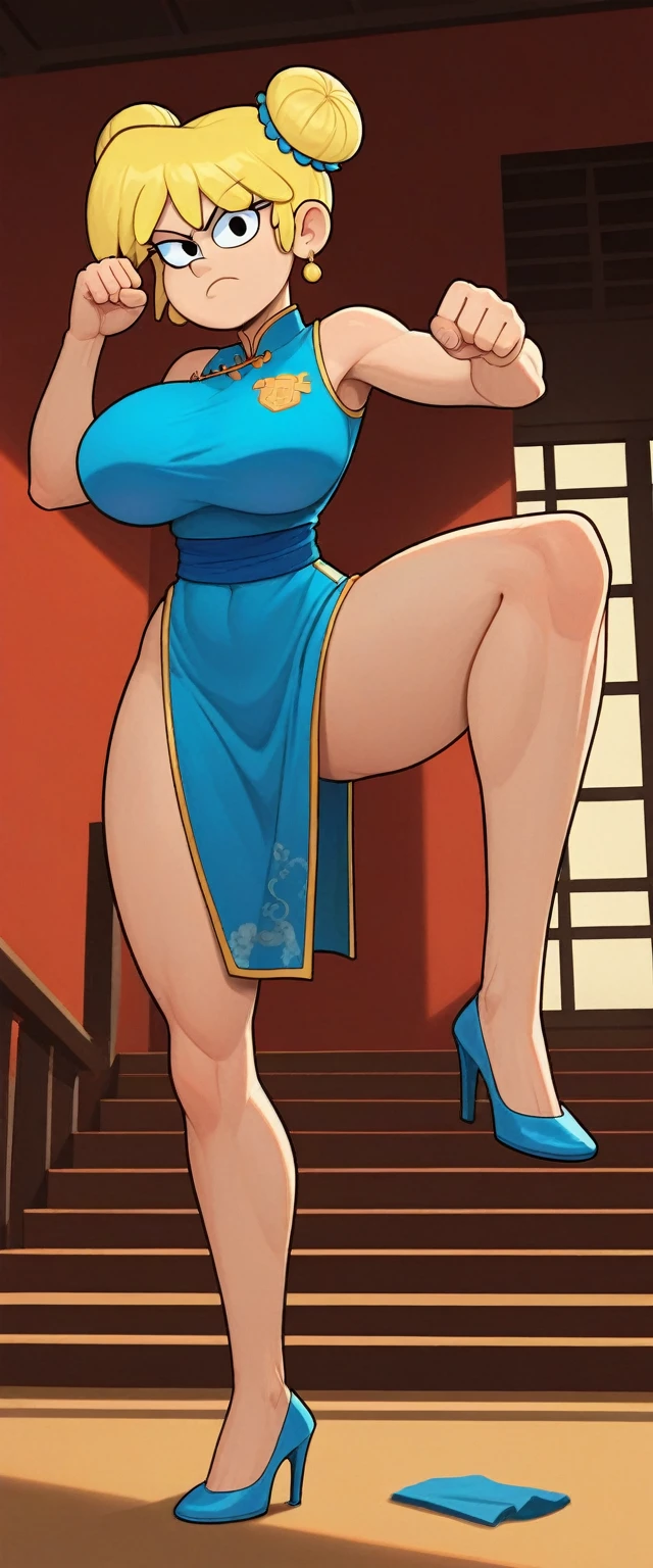 lori loud, 2girls, duo, 24yo girl, huge breasts, blue cheongsam,  inside of a chinese style temple,  looking at viewer, blonde hair, short hair, two hair buns , hands  score_9, score_8_up, score_7_up, high heels,teep fighting stance,martial arts,guarding the stairs behind her, a door behind of the stair, they wear the same outfit, they are twins