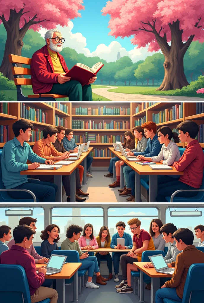 Cartoon collage : Grandpa reading a book in the park. teenagers with laptops and holding books in the library. Office workers on their way home from work read through an e-book reader on the bus

