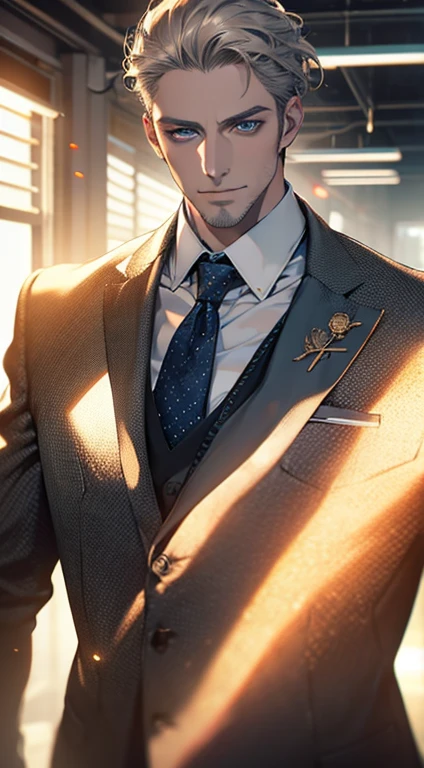 (best quality,4k,8k,highres,masterpiece:1.2),ultra-detailed,(realistic,photorealistic,photo-realistic:1.37),1 man,31 years old,mature man,very handsome,without expression,smile,short grey golden hair,blue eyes,penetrating gaze,perfect face without errors,imposing posture,businessman,office background,cinematic lighting,hdr image