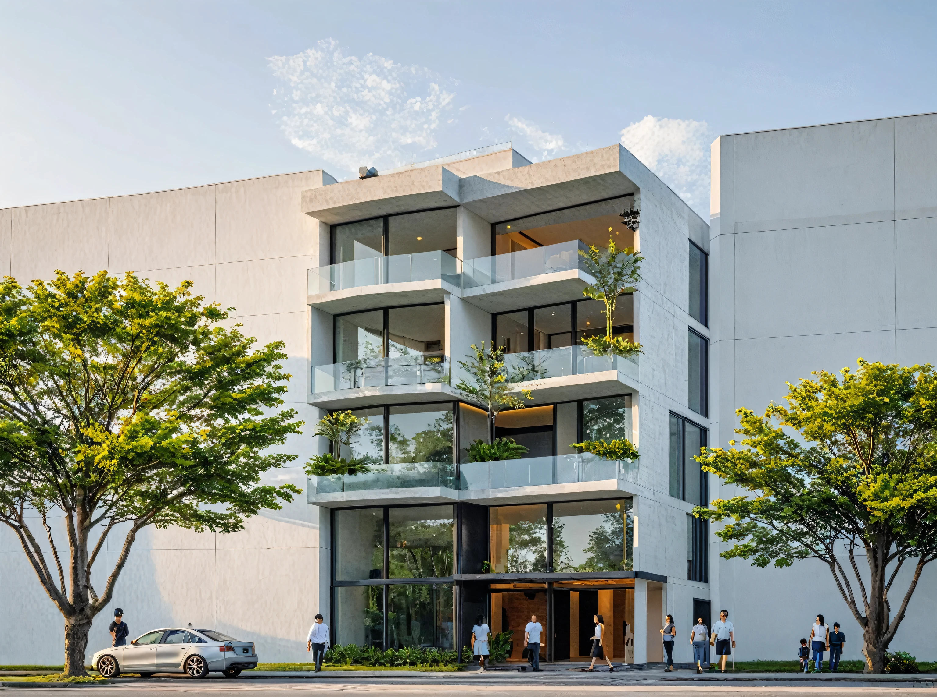 Country house , Minimalist architecture, modern house, brightly white painted walls, highlight, xingfa aluminum glass doors. West facing house, . light In the afternoon, The build system has been turned on and you can view the content found, The floors are where businesses are located, The second floors are residences. representative reality. surreal house