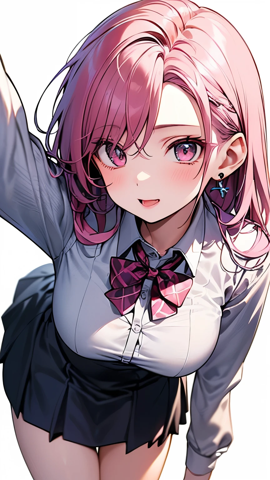 1girl, solo, shinjou_akane, shirt, smile, skirt, bow, white_shirt, looking_at_viewer, purple_jacket, pantyhose, black_skirt, jacket, off_shoulder, pleated_skirt, simple_background, breasts, collared_shirt, short_hair, white_background, bangs, arms_behind_back, large_breasts, closed_mouth, bowtie, red_eyes, cowboy_shot, hair_between_eyes, long_sleeves, school_uniform, pink_hair, light_purple_hair, miniskirt