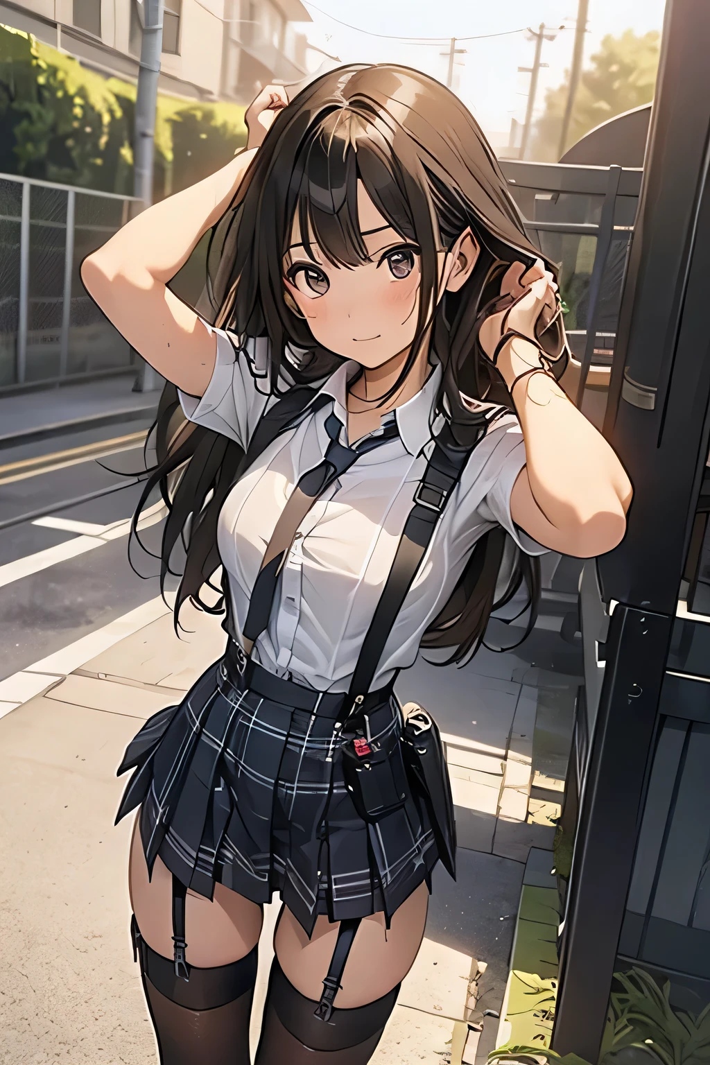 1 female, , high quality, masterpiece, Ultra-high resolution, Cinema Lighting, 1 female, , high quality, masterpiece, Ultra-high resolution, , Cinema Lighting, suspenders　　　Moderate breasts　 　 　　　　　 　　　　Small face　 　　　　　　　　　　　Looking up　　　　Sweat 　　　Thin belt　buzzer　脇Sweat 　　　　 　garter belt　　Belt on pants　　holster　 　　Hands behind your back　 　Looking up　Anxious face　Knee-high　Knee socks　Knee-highソックス 　garter　ふとももにgarter belt　Checkered mini skirt　 　　Panty shot　Skirt gap Armament　　　holster　holster 　　Hands behind your back　 Anxious expression　　Anxious face, legs apart　Armament　　Leg Holster　holster　See-through clothing　heavy rain　Rain-soaked dress shirt,Moderate breasts　ガーターbelt　suspenders　Garter on the thigh　Checkered mini skirt　Looking up　Pause　belt　Armpit sweat　Hands behind back　Raise your hands