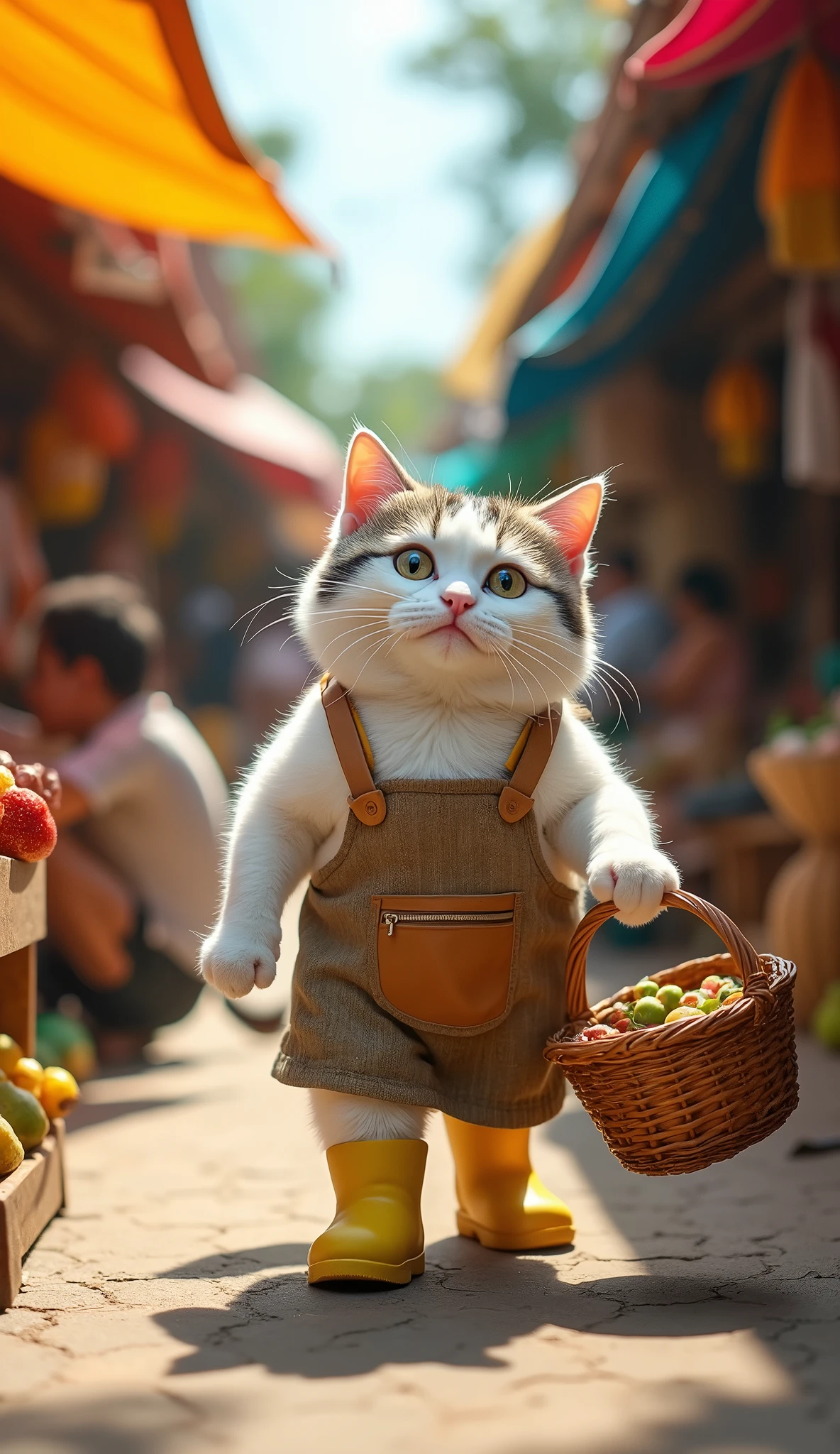 Create an image of a chubby, cute white and grey cat walking through a bustling Indonesian market. The cat, wearing yellow rubber boots and an apron, holds a shopping basket in one paw. The market is lively with vibrant stalls and people all around. The cat has a confused expression as if it forgot what it wanted to buy. The scene captures the charm of a traditional Indonesian market with the adorable cat at its center, looking slightly lost amidst the colorful surroundings.