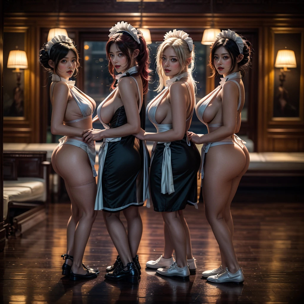 (Full Body of Extremely Detailed((Sexy Maid Group in a row:1.37))), KAWAII perfect face, Reflective Eyes, Detailed(Delicate Clothing textures), Correct Bewitching Leg Line, Dynamic Joyful Expressions LifeLike Rendering, Specular Reflection, TopQuality 8K Ultra-detailed masterpiece (ProfessionalPhoto:1.37), (Acutance:0.8), (Luminism:1.28), Renaissance art style, Colorful Light particles, ((Full body from side)), {MicroMini Skirt|Kissing Face to Face|Thigh Gap|Roundly Cute AssFocus|(NakedApron with (Overflowing Sideboob))}, Radiant Fine Skin with Transparency, {Pink Hair|LightBlue Hair|Platinum Blonde|Pure White Hair|Liquid Hair}, Perfect Lighting