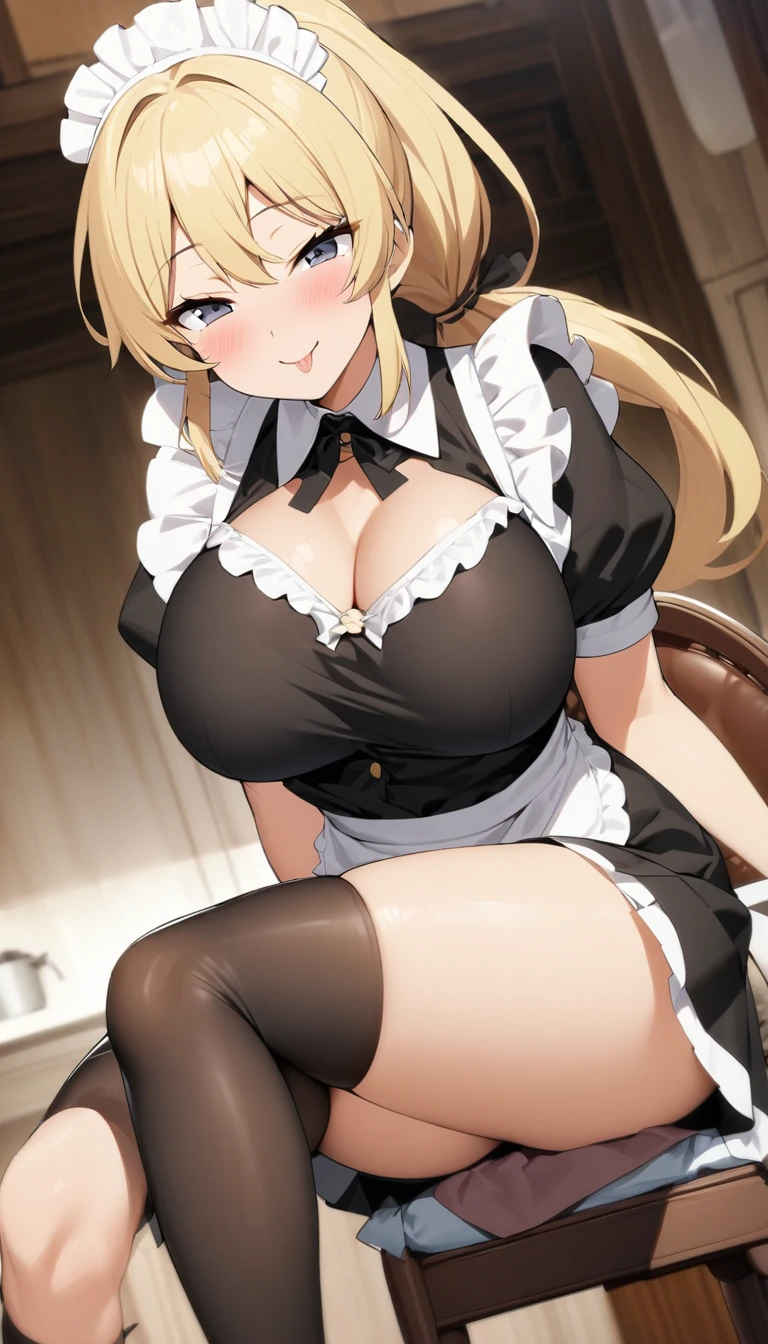 One Woman、beautiful girl、maid、20-year-old、Blonde、ponytail、Western-style building、maidの、頭にmaidカチューシャ、Short skirt、Black Pantyhose、Ultra-definition image quality、Highest quality, smile,Big Breasts、Very large breasts、Sit on a chair、Crossing your legs、Sitting with legs spread open、Poses that accentuate the chest、Smiling with narrowed eyes、breast enhancement、Lean forward、Licking one's lips