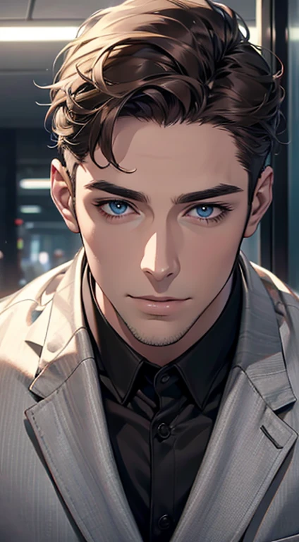 (best quality,4k,8k,highres,masterpiece:1.2),ultra-detailed,(realistic,photorealistic,photo-realistic:1.37),1 man,31 years old,mature man,very handsome,without expression,smile,short grey brown hair,blue eyes,penetrating gaze,perfect face without errors,imposing posture,businessman,office background,cinematic lighting,hdr image