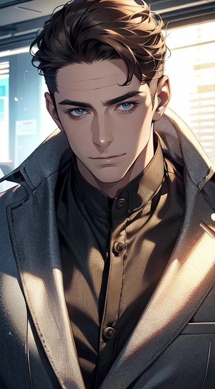 (best quality,4k,8k,highres,masterpiece:1.2),ultra-detailed,(realistic,photorealistic,photo-realistic:1.37),1 man,31 years old,mature man,very handsome,without expression,smile,short grey brown hair,blue eyes,penetrating gaze,perfect face without errors,imposing posture,businessman,office background,cinematic lighting,hdr image