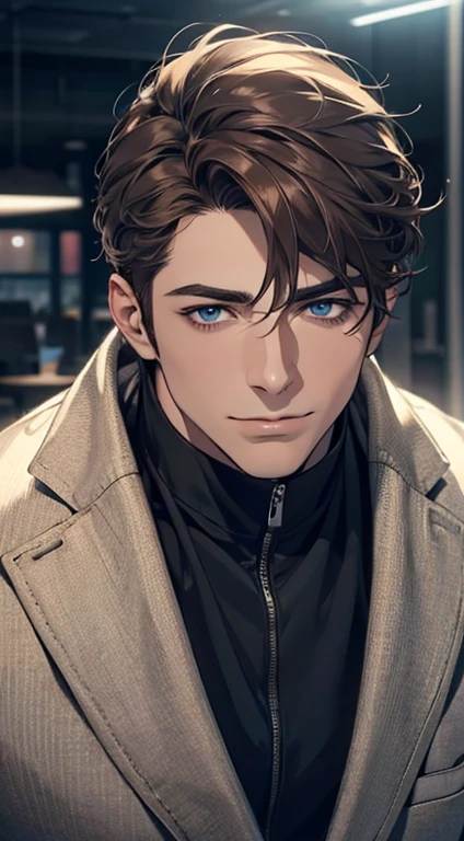 (best quality,4k,8k,highres,masterpiece:1.2),ultra-detailed,(realistic,photorealistic,photo-realistic:1.37),1 man,31 years old,mature man,very handsome,without expression,smile,short grey brown hair,blue eyes,penetrating gaze,perfect face without errors,imposing posture,businessman,office background,cinematic lighting,hdr image