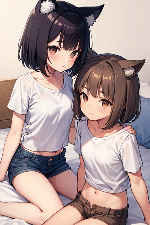 （Best quality)，（Detailed), (2girls),Kizi，There are cat ears on the top of the head，short detailed hair，brunette color hair，Medium breasts，Small camisole white vest，short white pants，Bare legged，kiss