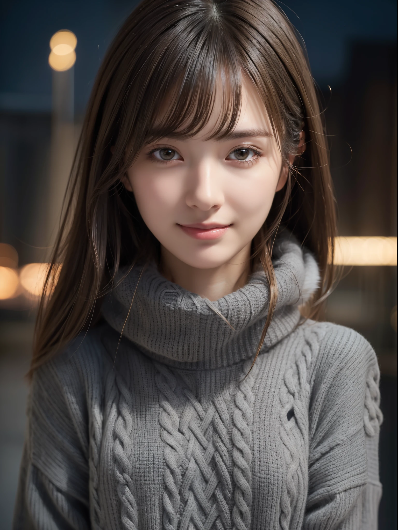 One Girl,(Dark Gray Sweater:1.4),(Fur trim,:1.2), (RAW Photos, Highest quality), (Realistic, Photorealistic:1.4), Tabletop, Very delicate and beautiful, Very detailed, 8k wallpaper, wonderful, In detail, Highly detailed CG unification, High resolution, Soft Light, Beautiful and detailed 19 year old girl, Very detailed目と顔, Beautifully detailed nose, Beautiful attention to detail,Cinema Lighting,City lights at night,Perfect Anatomy,Slender body,smile (My hair is messy, Asymmetrical bangs, Light brown hair,)