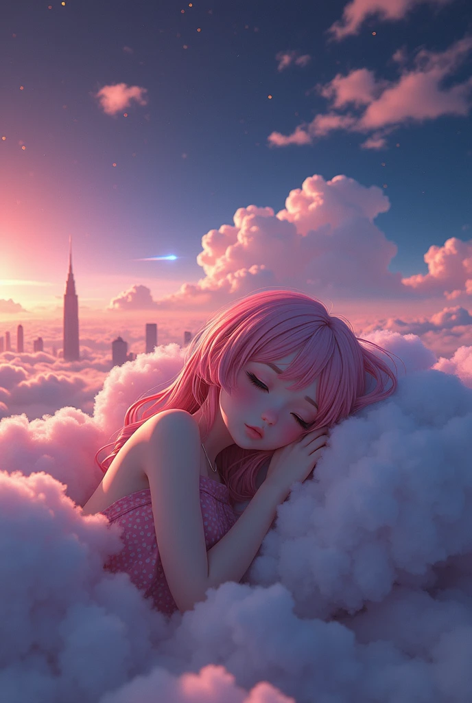 cute anime girl, peaceful sleep, lying on a soft fluffy cloud, misty atmosphere, gentle glow, vibrant neon hues, synthwave aesthetic, 8k high definition, hazy foggy ambient lighting, digital art, pastel colors, dreamy scenery, wispy clouds, subtle vapor trails, soft focus, gentle depth of field, futuristic cityscape in the distance, Yasuta Robert inspired