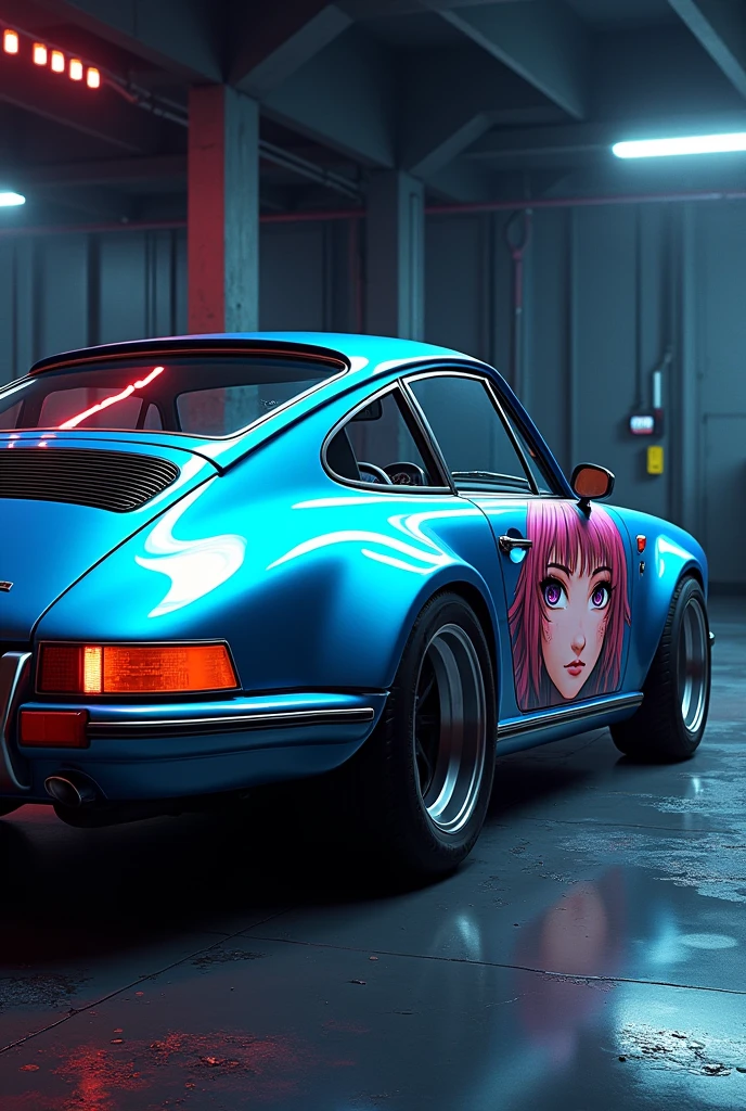 Create a detailed, close-up digital illustration featuring a sleek metallic silver blue variation 911 Carrera RS 3.8 . The image should have a side view and a view from behind, highlighting the car's polished surface and the intricate details of its design. The car is parked in a futuristic, cyberpunk-themed garage with dim, moody studio lighting that casts dramatic shadows and reflections. On the side of the car, there is an airbrush painting of a full anime girl's face, with the text 'Miya' prominently displayed. The art style should emphasize the contrast between the vibrant colors of the car and the dark, industrial environment of the garage, capturing the essence of a high-tech, neon-lit world
