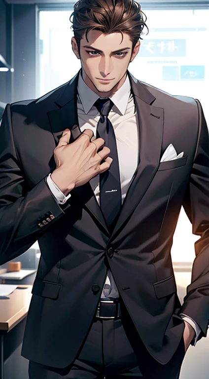 (best quality,4k,8k,highres,masterpiece:1.2),ultra-detailed,(realistic,photorealistic,photo-realistic:1.37),1 man,31 years old,mature man,very handsome,without expression,smile,short grey brown hair,blue eyes,penetrating gaze,perfect face without errors,imposing posture,businessman,office background,cinematic lighting,hdr image