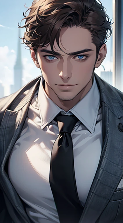 (best quality,4k,8k,highres,masterpiece:1.2),ultra-detailed,(realistic,photorealistic,photo-realistic:1.37),1 man,31 years old,mature man,very handsome,without expression,smile,short grey brown hair,blue eyes,penetrating gaze,perfect face without errors,imposing posture,businessman,office background,cinematic lighting,hdr image