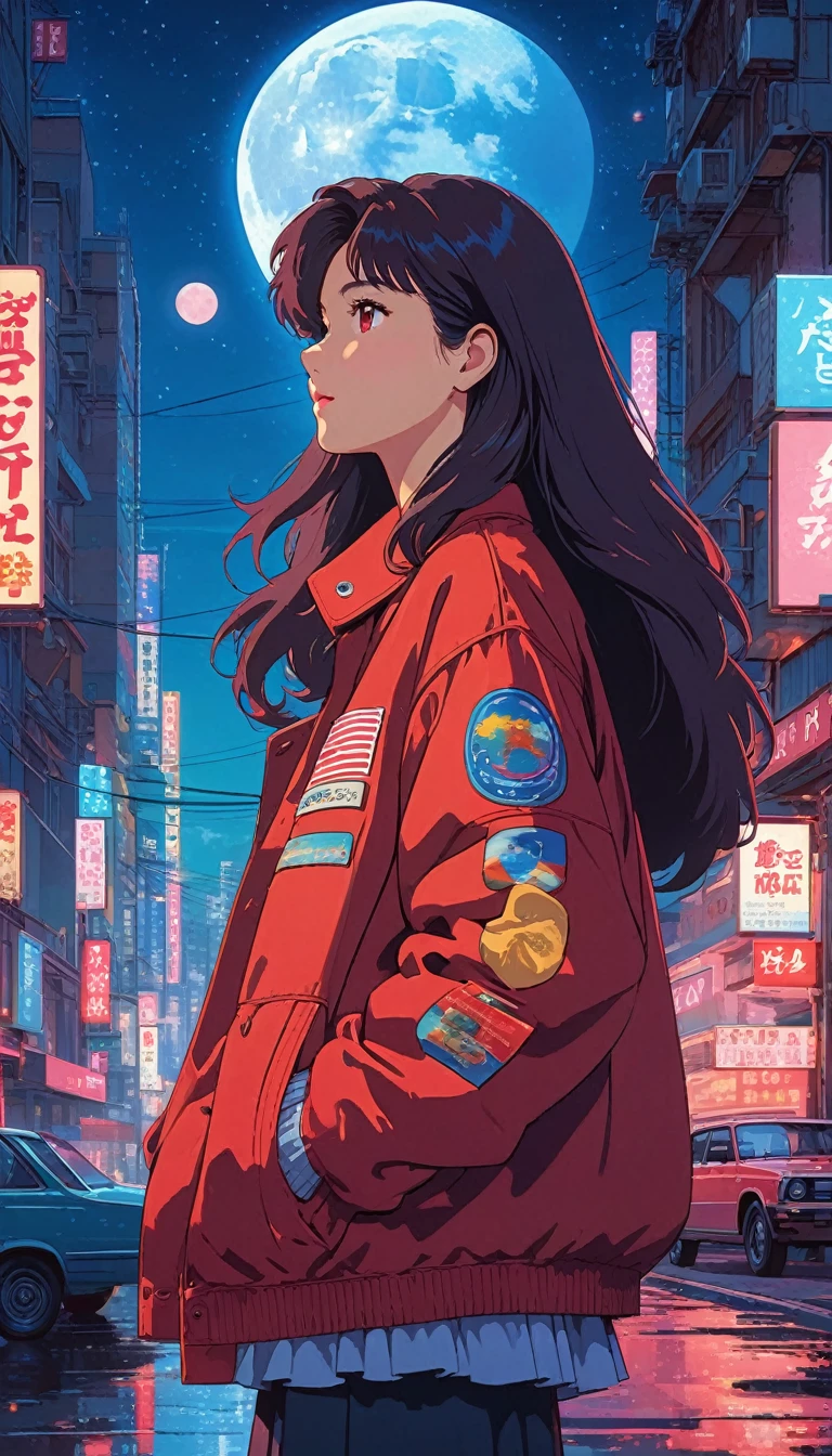 alone, lofi artstyle, lofi art, city, town, 80s anime style, Retro, Lo-Fi, masterpiece, best quality, (extremely detailed CG unity 8k wallpaper), (best quality), (best illustration), (best shadow), absurdres, realistic lighting, (Abyss), beautiful detailed glow, 1girl, long hair, red eyes, standing, jacket, outdoors, sky,  coat, moon, looking up, ground vehicle, motor vehicle, hands in pockets