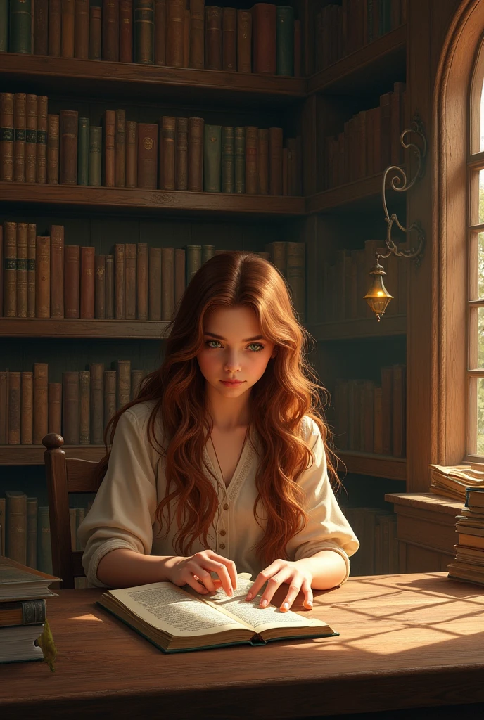 A beautiful girl is reading a book in the library.