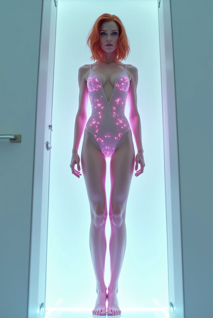 Generate a full height 5 meter standing (from head to floor) photo of ice transformation Korea Jean Grey (arms raised high up 10 degrees confined to actuator, suspended animation in head, chest, legs and arms) in high v cut psionic 3-piece honeycomb tight fitting pink transparent swimsuit with long thin standing legs (big eyes, bulging and big brt hair, electrocuted, fainted, shocked, mind-controlled, breathless), legs stretching and straighten hanging in a 10 meter white incubator