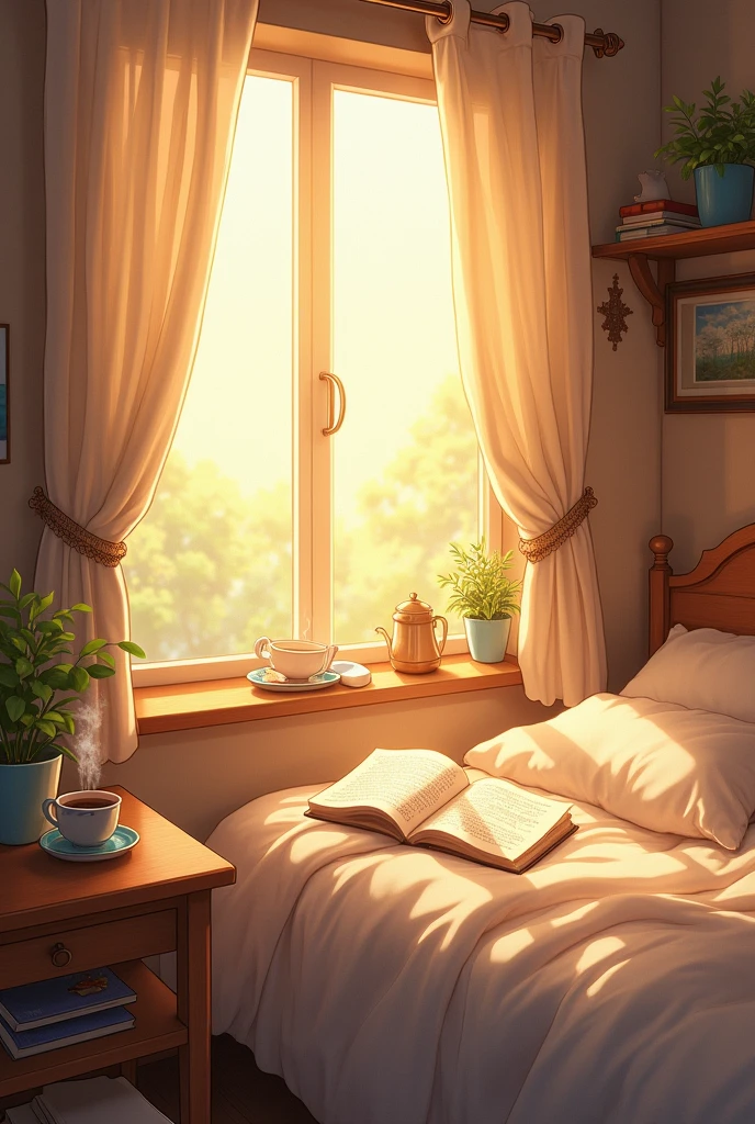 The bedroom in the morning，Sunlight shines through the thin curtains and falls on the table beside the bed, where a cup of steaming tea and an open book are placed.。The whole room is bathed in warm sunlight，Comic Style，Warm and healing atmosphere。