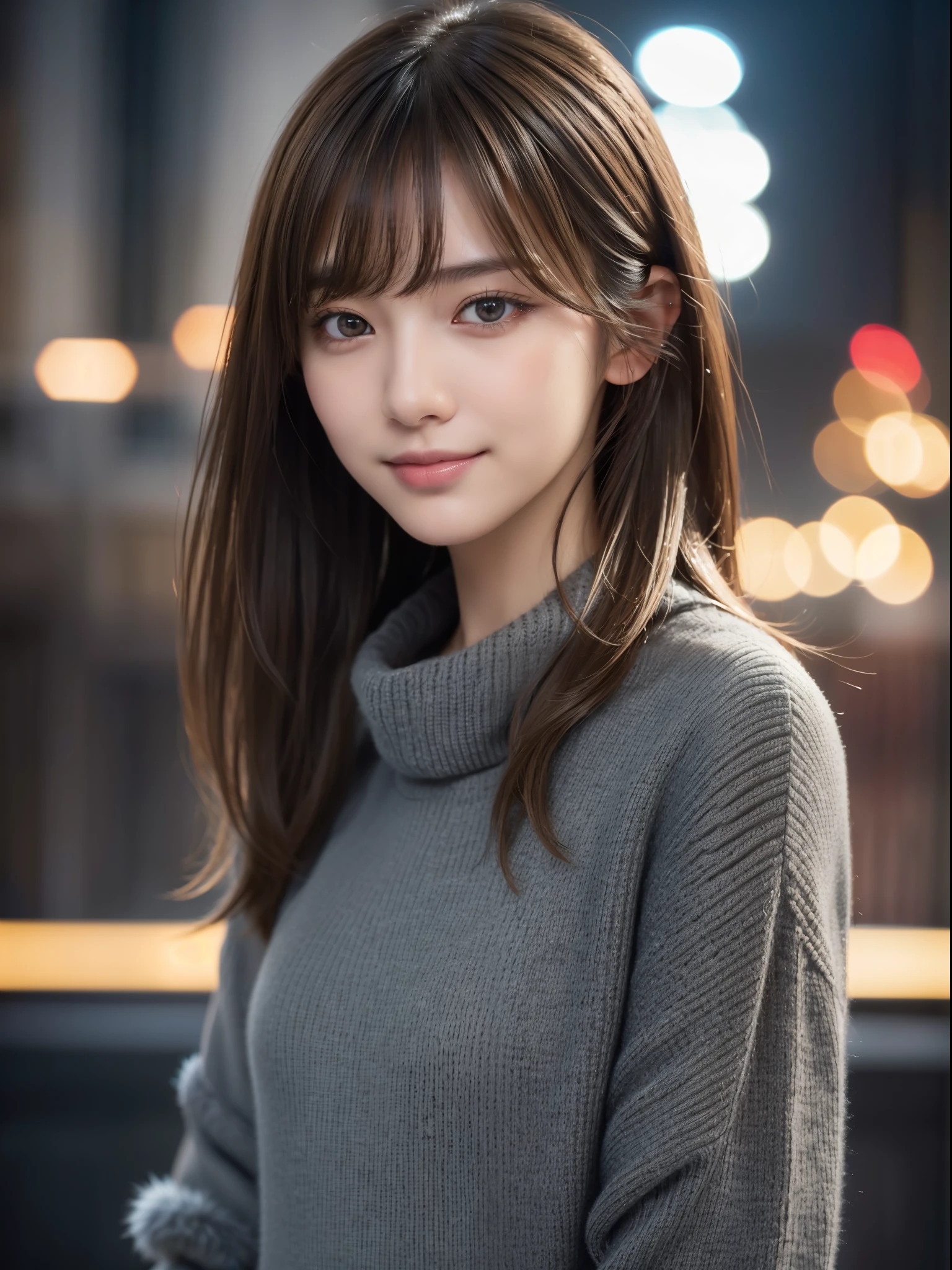 One Girl,(Dark Gray Sweater:1.4),(Fur trim,:1.2), (RAW Photos, Highest quality), (Realistic, Photorealistic:1.4), Tabletop, Very delicate and beautiful, Very detailed, 8k wallpaper, wonderful, In detail, Highly detailed CG unification, High resolution, Soft Light, Beautiful and detailed 19 year old girl, Very detailed目と顔, Beautifully detailed nose, Beautiful attention to detail,Cinema Lighting,City lights at night,Perfect Anatomy,Slender body,smile  (My hair is messy, Asymmetrical bangs, Light brown hair,)