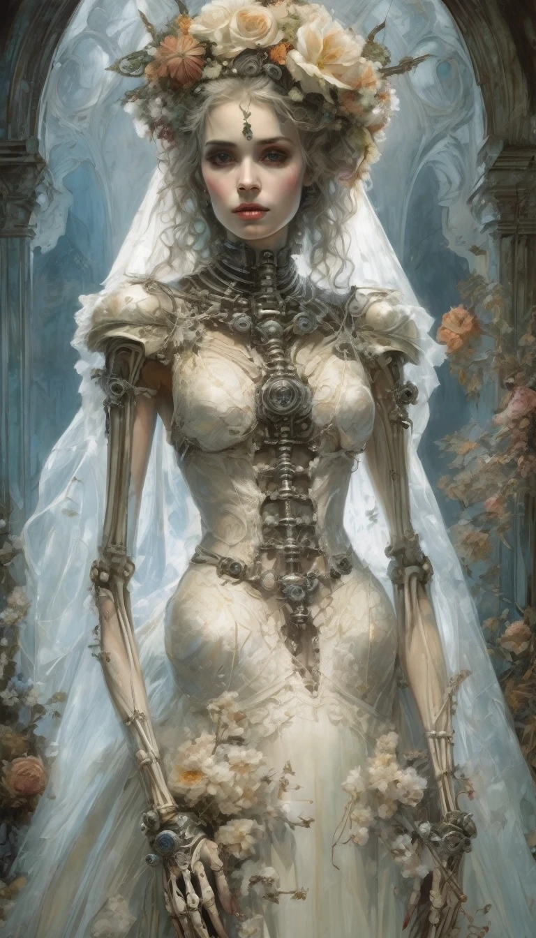 there is a woman in a white suit and hat with roses, natalie shau, inspired by Ray Caesar, cyberpunk cyborg. roses, natalie shau tom bagshaw, inspired by Li Chevalier, inspired by hajime sorayama, digital art of an elegant, by Ray Caesar, style of hajime sorayama, exquisite digital illustration