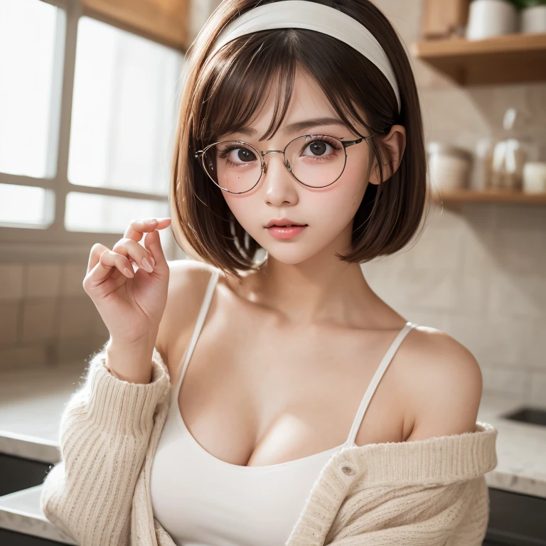 Tabletop, Highest quality, One Girl, (beautiful girl, Delicate girl:1.3), (23 years old:1.3), Definition of very fine particles, (Symmetrical eyes:1.3), bar counter, ( Off the shoulder、White camisole、Loose cardigan:1.2), Small breasts, Cleavage、Brown eyes, Show your forehead, Brown Hair, (Eye and facial details:1.0), (RAW Photos, Film Grain, chromatic aberration), (Bokeh: 1.1),,thin、Tear bags、Tanuki face、Drooping eyes、bob cut、Headband、Put your index finger to your lips、freckles、Round Glasses、(erect nipples)、belly button、Cream on the face