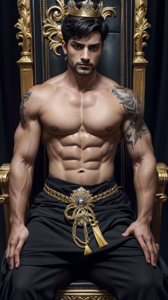 muscular shirtless king, defined abs and pectorals, black pants, big crown on his head, sitting on throne, looking at viewer majestically, black hair, facial hair, tattooed chest,solo, navel, bara, sexy expression, (best quality,4k,8k,highres,masterpiece:1.2),ultra-detailed,(realistic,photorealistic,photo-realistic:1.37),